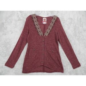 Three Stones Sweater Womens Size M Lace Coquette Cardigan Peppy Romantic Knit